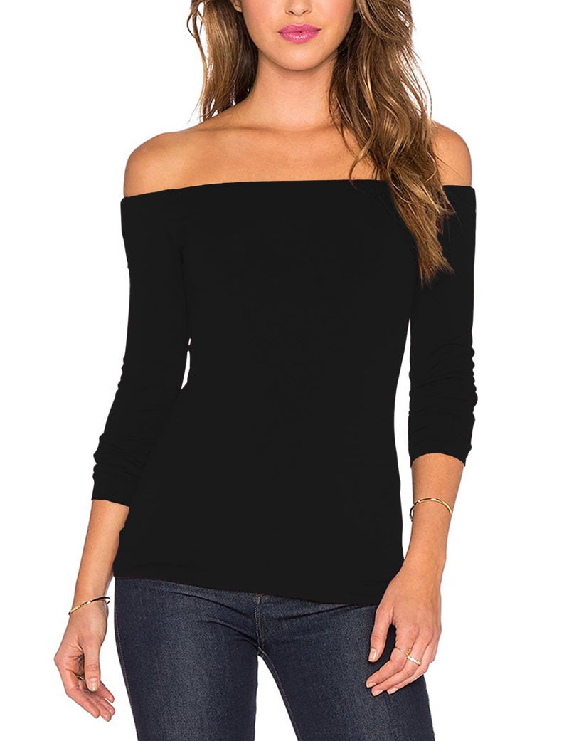 Sarin Mathews Women's Sexy Slim Fit Stretchy Off Shoulder Long Sleeve Blouse Tops Shirt Black 2XL - Image 1